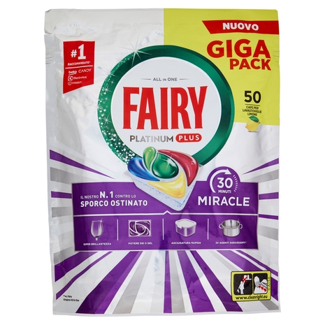 Fairy Pastiglie Lavastoviglie Platinum Plus All in One Miracle, Detersivo Piatti Limone 50 Caps 823g